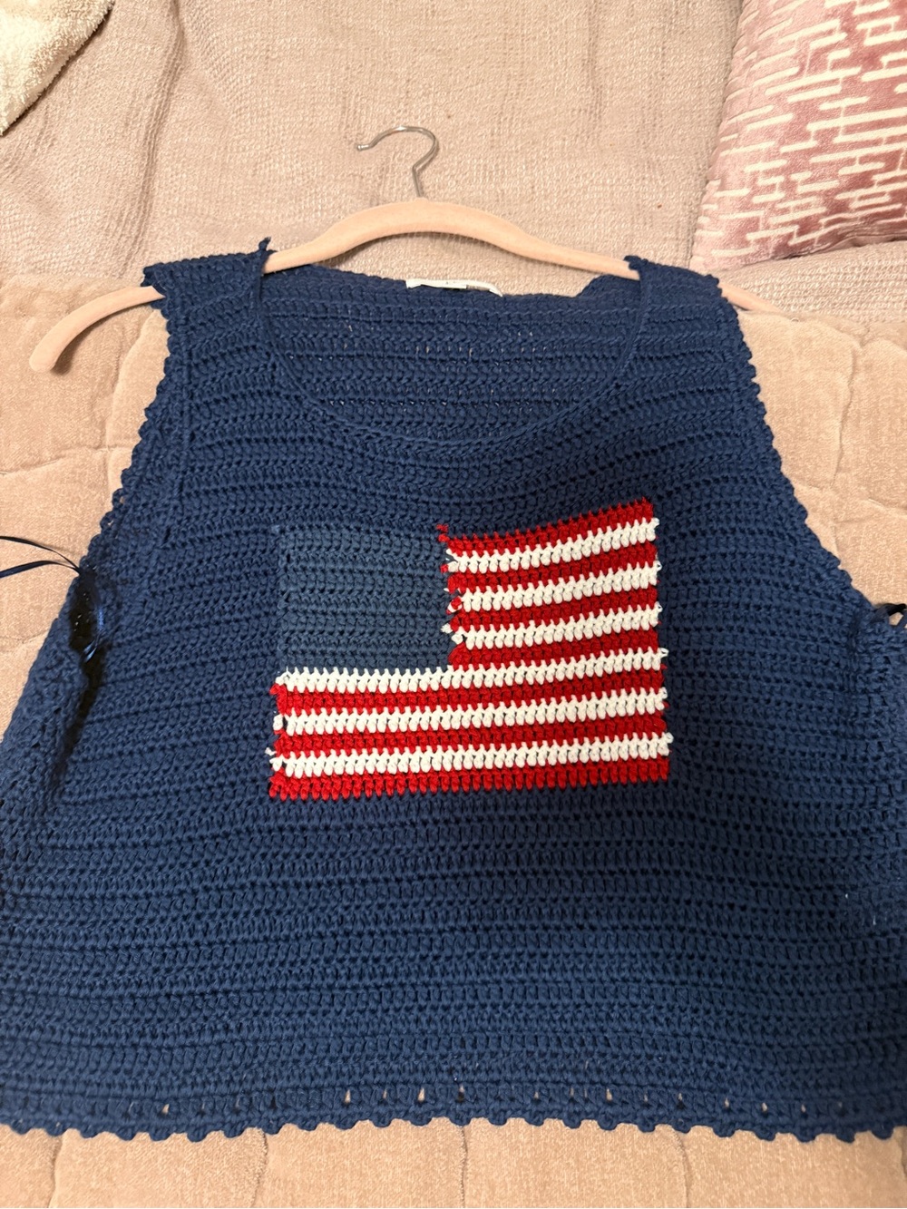 Handcrafted Navy Crochet Sleeveless Sweater with Flag Detail